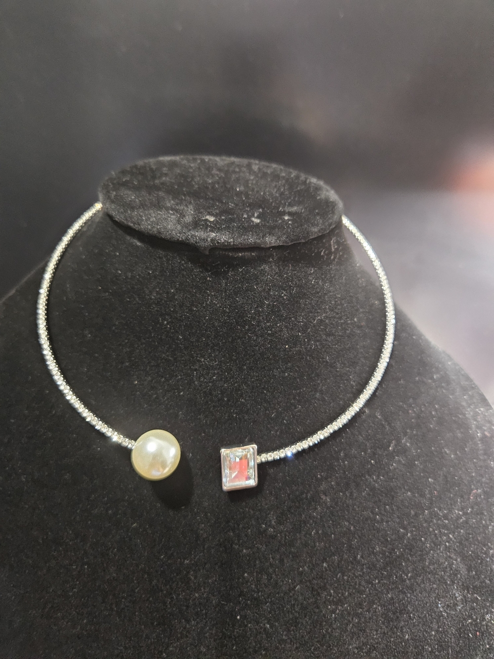 Silver Pearl and Crystal Open Choker Necklace